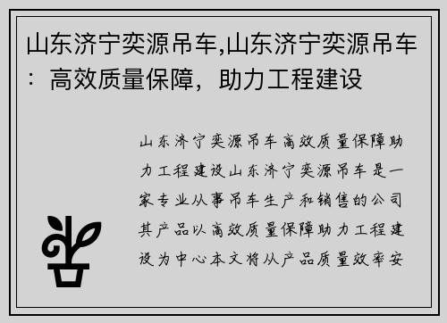 山东济宁奕源吊车,山东济宁奕源吊车：高效质量保障，助力工程建设